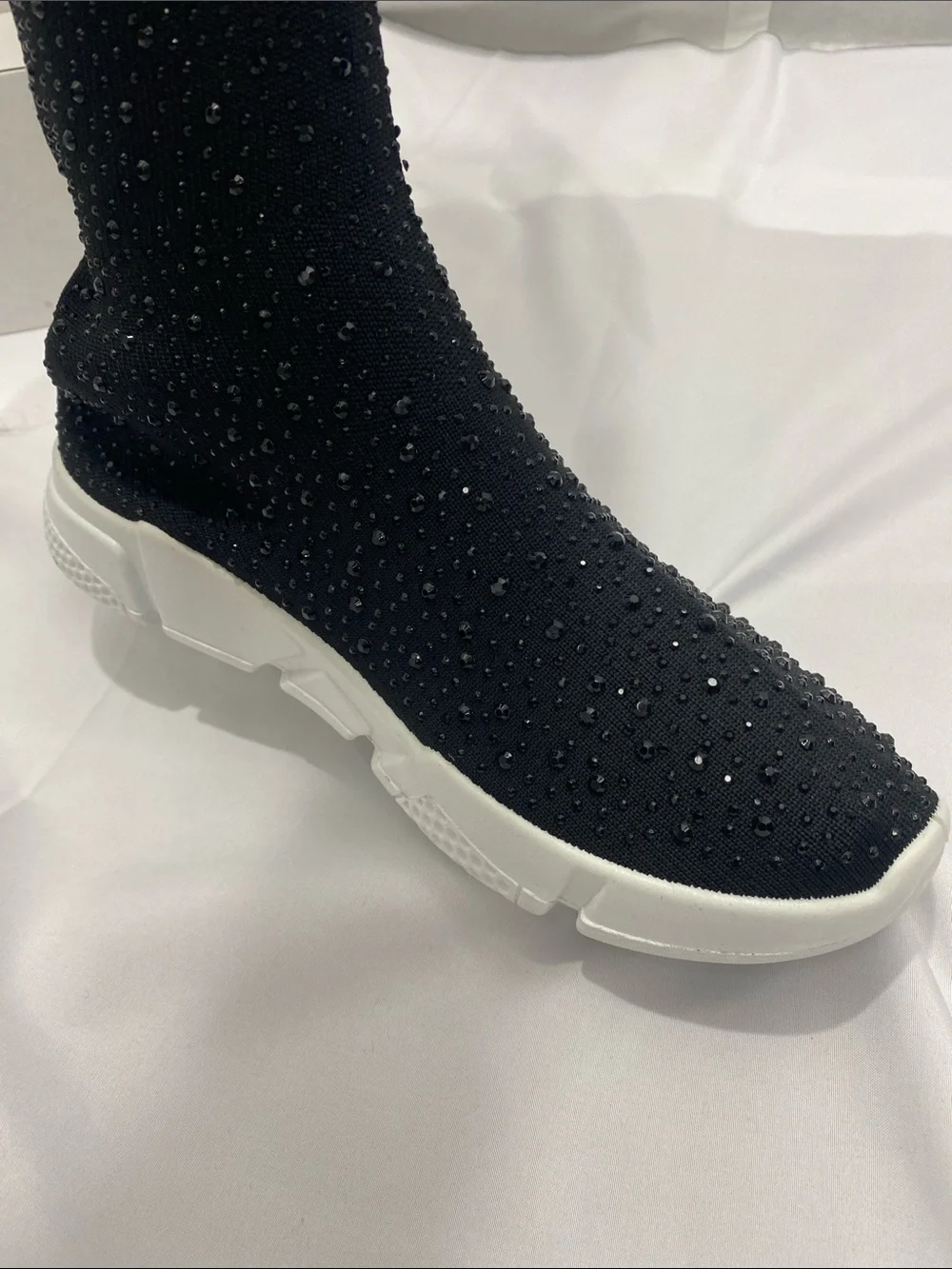 Black Over-the-Knee Embellished Sock Boots with White Sole